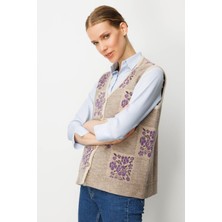 Kadın Pıtırcık Çiçekli Patchwork Keçe Yün Yelek Bej_mor