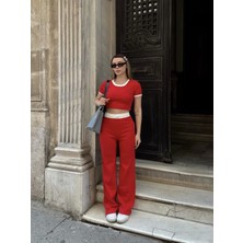Crop Pantolon Biyeli Takım Kırmızı