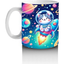 Çocuklara Sütü Sevdiren Uzay Roketiyle Gezen Sevimli Kedi Desenli Kupa Bardak