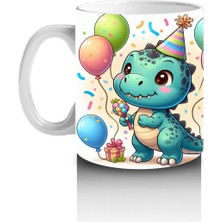 Çocuklara Sütü Sevdiren Doğum Günü Şapkalı Balonlu Dinozor Desenli Kupa Bardak