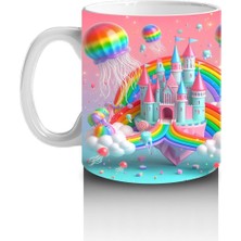 Çocuklara Sütü Sevdiren Gökkuşağı ve Balonlu Masal Şatosu Desenli Kupa Bardak