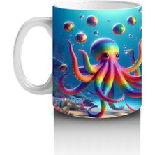 Çocuklara Sütü Sevdiren Renkli Ahtapot ve Baloncuklar Desenli Kupa Bardak