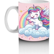Çocuklara Sütü Sevdiren Gökkuşağında Uçan Mutlu Unicorn Desenli Kupa Bardak