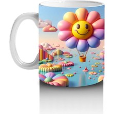 Çocuklara Sütü Sevdiren Gülümseyen Çiçek Balonlar ve Renkli Bulutlar Desenli Kupa Bardak