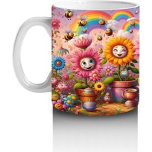 Çocuklara Sütü Sevdiren Neşeli Yüzlü Çiçekler ve Gökkuşağı Desenli Kupa Bardak