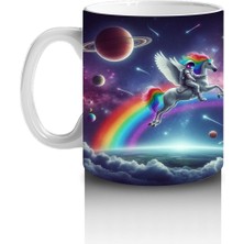 Çocuklara Sütü Sevdiren Uzayda Gökkuşağı Üzerinde Uçan Unicorn Desenli Kupa Bardak