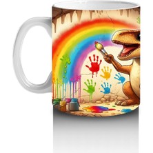 Çocuklara Sütü Sevdiren Mağara Duvarına Gökkuşağı Çizen Sevimli Dinozor Desenli Kupa Bardak