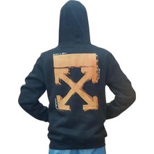 Erkek Kapüşonlu Bağcıklı Kanguru Cepli Baskılı Siyah-Turuncu Renk Bomber Sweatshirt Esk-Wht