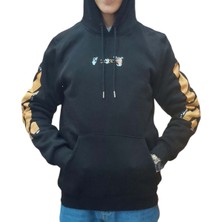 Erkek Kapüşonlu Bağcıklı Kanguru Cepli Baskılı Siyah-Turuncu Renk Bomber Sweatshirt Esk-Wht