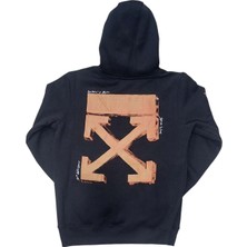 Erkek Kapüşonlu Bağcıklı Kanguru Cepli Baskılı Siyah-Turuncu Renk Bomber Sweatshirt Esk-Wht