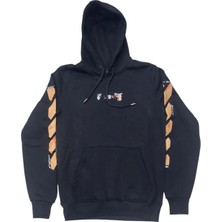Erkek Kapüşonlu Bağcıklı Kanguru Cepli Baskılı Siyah-Turuncu Renk Bomber Sweatshirt Esk-Wht