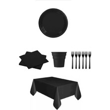 Teknotrust 25 Kişilik Plastik Tabak Bardak Çatal Peçete ve Masa Örtüsü Seti Siyah