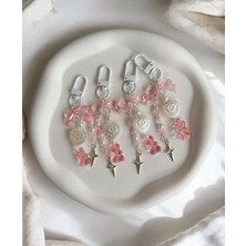 Pembe Beyaz Kalp Yıldızlı Anahtarlık, Pembe Çanta Süsü Charm