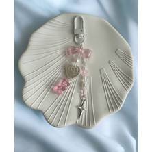 Pembe Beyaz Kalp Yıldızlı Anahtarlık, Pembe Çanta Süsü Charm