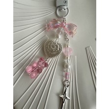 Pembe Beyaz Kalp Yıldızlı Anahtarlık, Pembe Çanta Süsü Charm