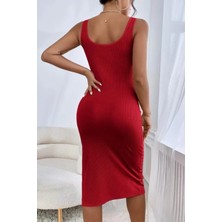Kadın Kırmızı Askılı Kare Yaka Yırtmaçlı Kaşkorse Günlük Esnek Likralı Şık Trend Pinterest Midi Elbise