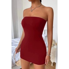 Kadın Bordo Straplez Dalgıç Kumaş Vücudu Saran Likralı Gece Parti Davet Kolsuz Trend Şık Basic Mini Elbise