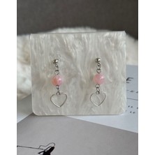 Fairycore Pembe Akik Taşlı Kalpli Rodyum Kaplama Küpe
