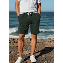 Elemge Pamuklu Erkek Haki Casual Şort 2 Iplik Yan Cepli Bağcıklı Regular Fit Boru Paça Günlük Bermuda