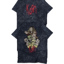 Fuddy Moda Unisex The Korn Sırt Baskılı Yıkamalı Tişört, Oversize Rock-Metal Baskılı Vintage T-Shirt