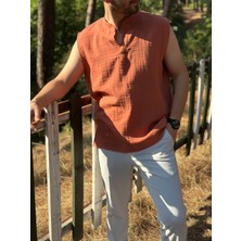 Sıfır Kol Hakim Yaka Müslin Kumaş Yazlık Erkek T-Shirt