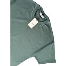 Mat Yeşil Bisiklet Yaka Düz Basic Baskısız Oversize Erkek Tişört