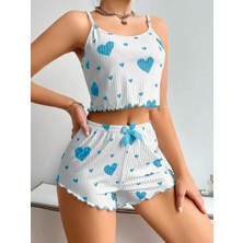 Kadınbeyaz Mavi Kalp Desenli Askılı Şortlu Pijama Takım 6657