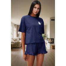 Baskılı Örme Pijama Takımı Fırfırlı Şort ve Rahat Tişört Yaz Için Ideal Kaliteli Işçilik