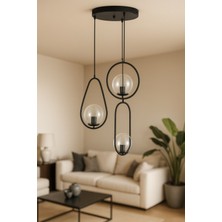 Avizemoda Serra 3'lü Şeffaf Camlı Salon Oturma Odası Modern Sarkıt Avize - Siyah