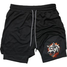 Baskılı Sporcu Şortu, Alt Siyah Tayt Görünümlü Çok Cepli Taytlı Spor Şortu Kurt