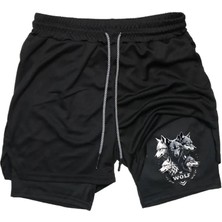 Baskılı Sporcu Şortu, Alt Siyah Tayt Görünümlü Çok Cepli Taytlı Spor Şortu Wolf