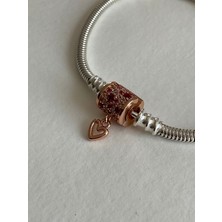 Rose Klipsli Gümüş Bileklik Charm Taşıyıcı