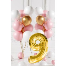 9 Yaş Retro Gold Pembe Beyaz Balon Seti Gold Rakamlı Doğum Günü Balonu Şık Parti Süsleme