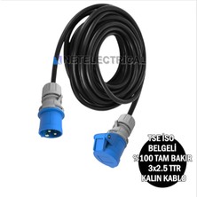 Cee Norm Seyyar Uzatma Kablosu 5 Metre | 3X16A Uzatma Priz + 3X16A Düz Fişli | Siyah Kalın Kablo