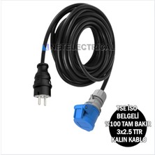 Tekne ve Karavan Enerji Besleme Kablosu 10 Metre | IP44 Kauçuk Düz Fiş + 3X16A Uzatma Priz | Siyah Kalın Kablo