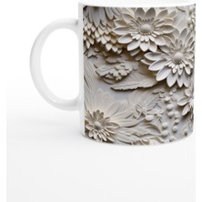 Krem Çiçek Rölyef Detaylı Kupa Bardak