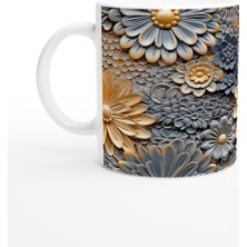 Altın Gri Kontrast Çiçek Desenli Kupa Bardak