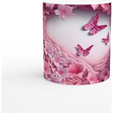 Pembe Çiçekler ve Kelebeklerle Bezeli Romantik Baskılı Kupa Bardak