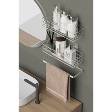 Hill Homes  Krom Gümüş  Yapışkanlı 2 Li Set Banyo Rafı ve Havluluk Raf Düzenleyici