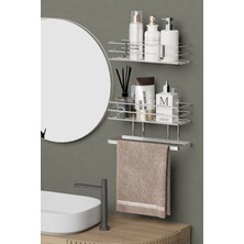 Hill Homes  Krom Gümüş  Yapışkanlı 2 Li Set Banyo Rafı ve Havluluk Raf Düzenleyici