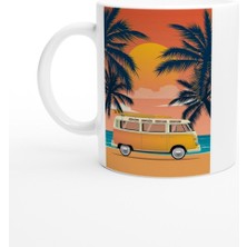 Gün Batımında Palmiye ve Surf Minibüsü Temalı Retro Kupa Bardak