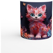 Renkli Çiçekler Arasında Neşeli Kedi ve Kelebekler Baskılı Kupa Bardak