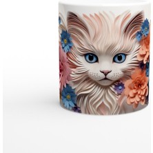 Kağıt Çiçeklerle Süslenmiş Mavi Gözlü Kedi Baskılı Kupa Bardak