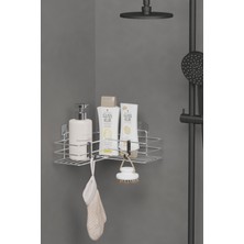 Hill Homes Krom Gümüş Yapışkanlı Banyo Köşeliği Köşe Rafı Duş Şampuanlık Duvar Düzenleyici Organizer
