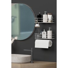 Hill Homes Krom Gümüş Yapışkanlı Banyo Rafı 2 Li Set Kağıt Havlu Askılı Banyo Duş Organizer Raf