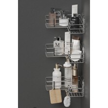 Hill Homes Krom Gümüş Yapışkanlı 3lü Banyo Köşeliği Köşe Rafı Duş Şampuanlık Düzenleyici Organizer