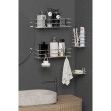 Hill Homes Krom Gümüş Renk Yapışkanlı 4'lü Banyo Seti Duş Rafı + Sabunluk + Diş Fırçalık Metal Set