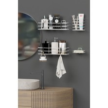 Hill Homes Krom Gümüş Renk Yapışkanlı 4'lü Banyo Seti Duş Rafı + Sabunluk + Diş Fırçalık Metal Set
