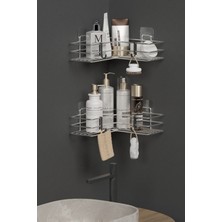Hill Homes Krom Gümüş Yapışkanlı 2li Banyo Köşeliği Köşe Rafı Duş Şampuanlık Düzenleyici Organizer