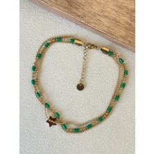 Aida Jewelss 316 L Cerrahi Çelik 3 Sıra Zincirli Yeşil Mineli Paslanmaz Kararmaz Çelik Halhal